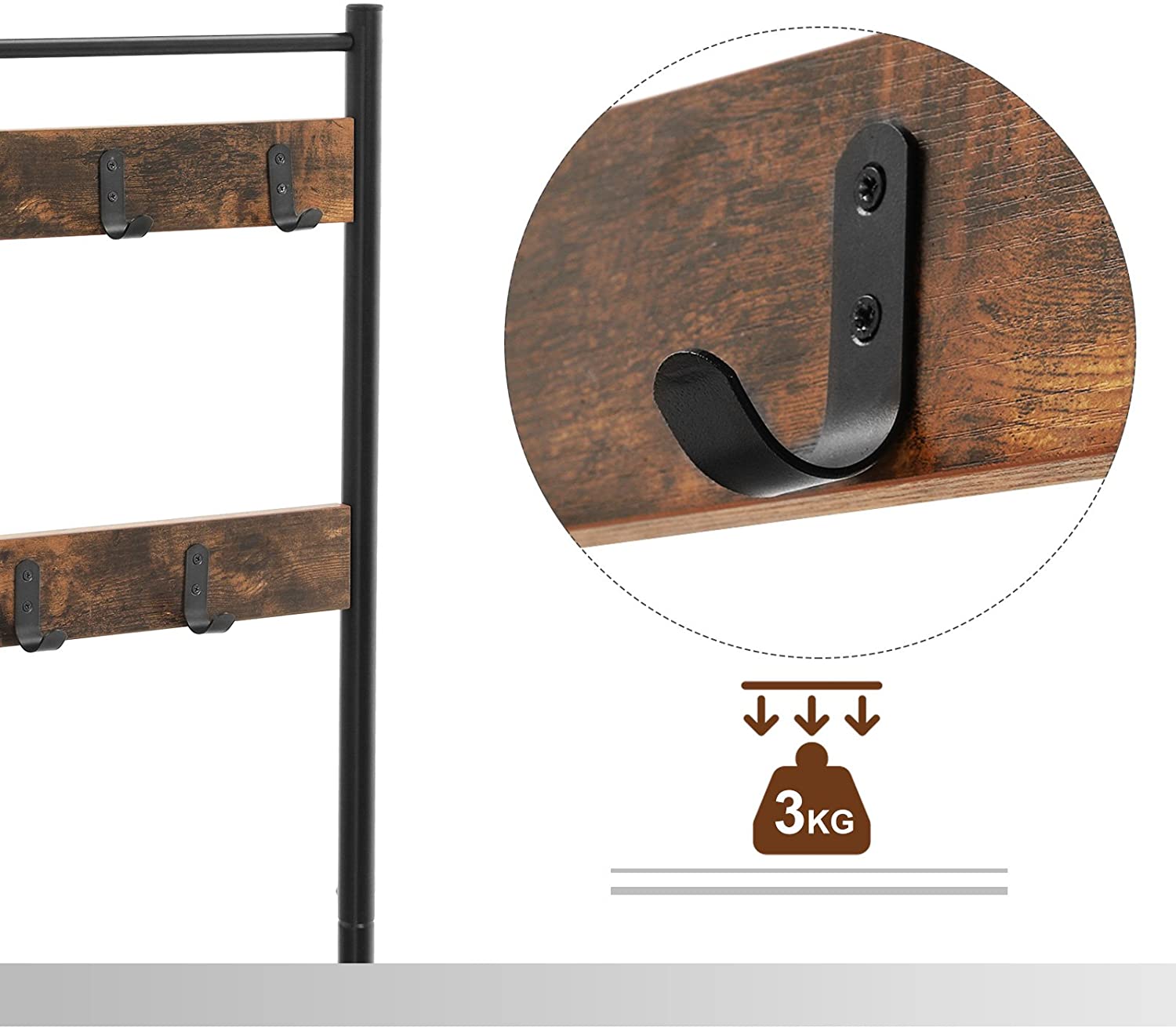 Rustic Brown Coat Rack Stand with Hallway Shoe Rack and Bench with Shelves Matte Metal Frame Height 175 cm - Cosy Abode