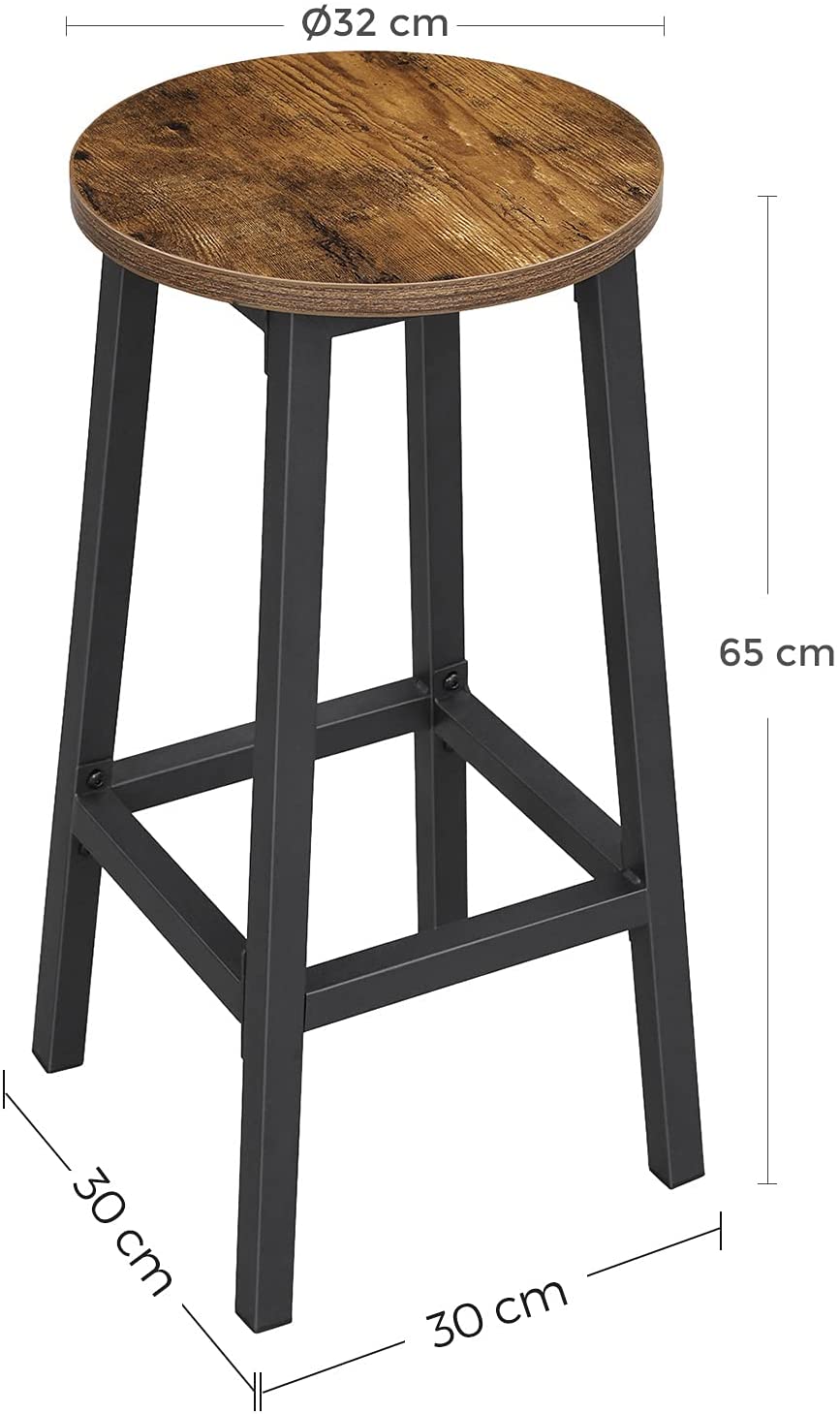 Set of 2 Bar Stools with Sturdy Steel Frame Rustic Brown and Black 65 cm Height - Cosy Abode