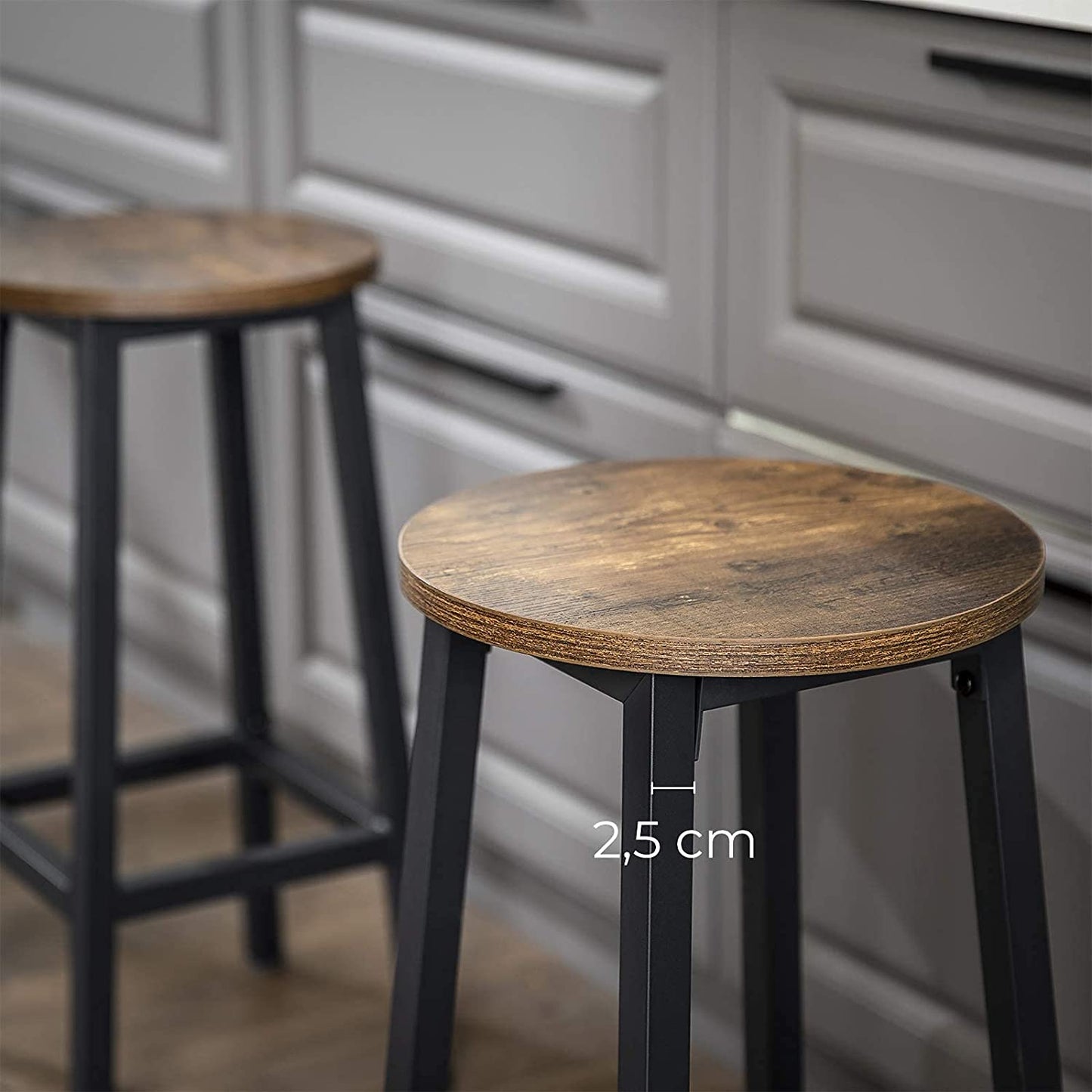Set of 2 Bar Stools with Sturdy Steel Frame Rustic Brown and Black 65 cm Height - Cosy Abode