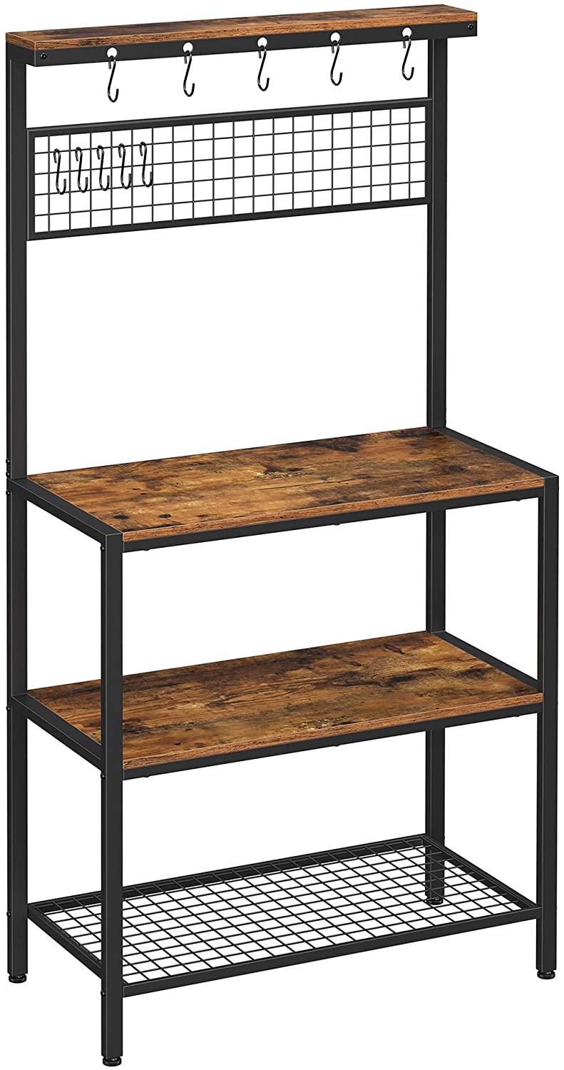 Industrial Kitchen Baker's Rack with Storage Shelves 10 Hooks and Metal Mesh Shelf 84 x 40 x 170 cm Rustic Brown - Cosy Abode