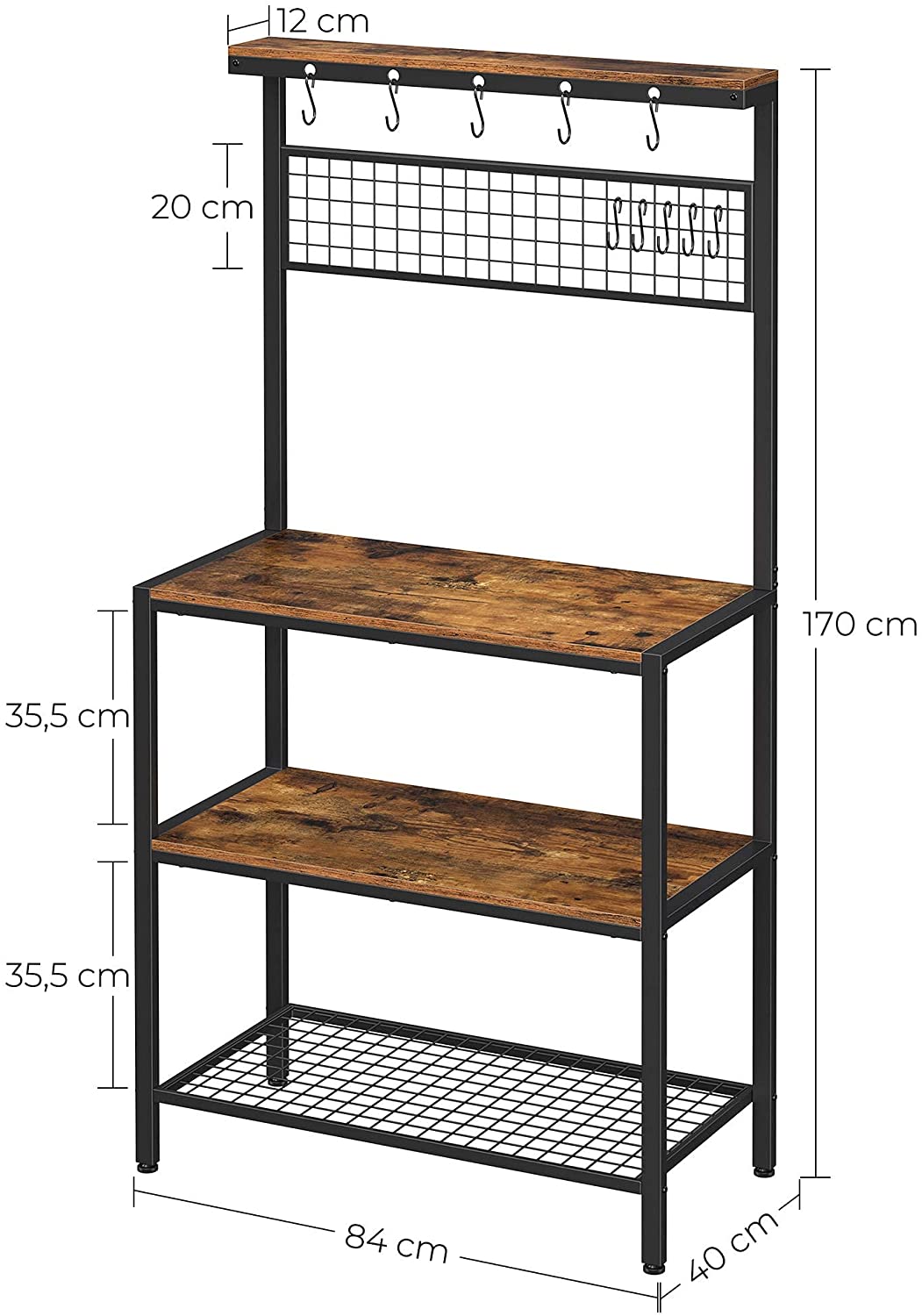 Industrial Kitchen Baker's Rack with Storage Shelves 10 Hooks and Metal Mesh Shelf 84 x 40 x 170 cm Rustic Brown - Cosy Abode