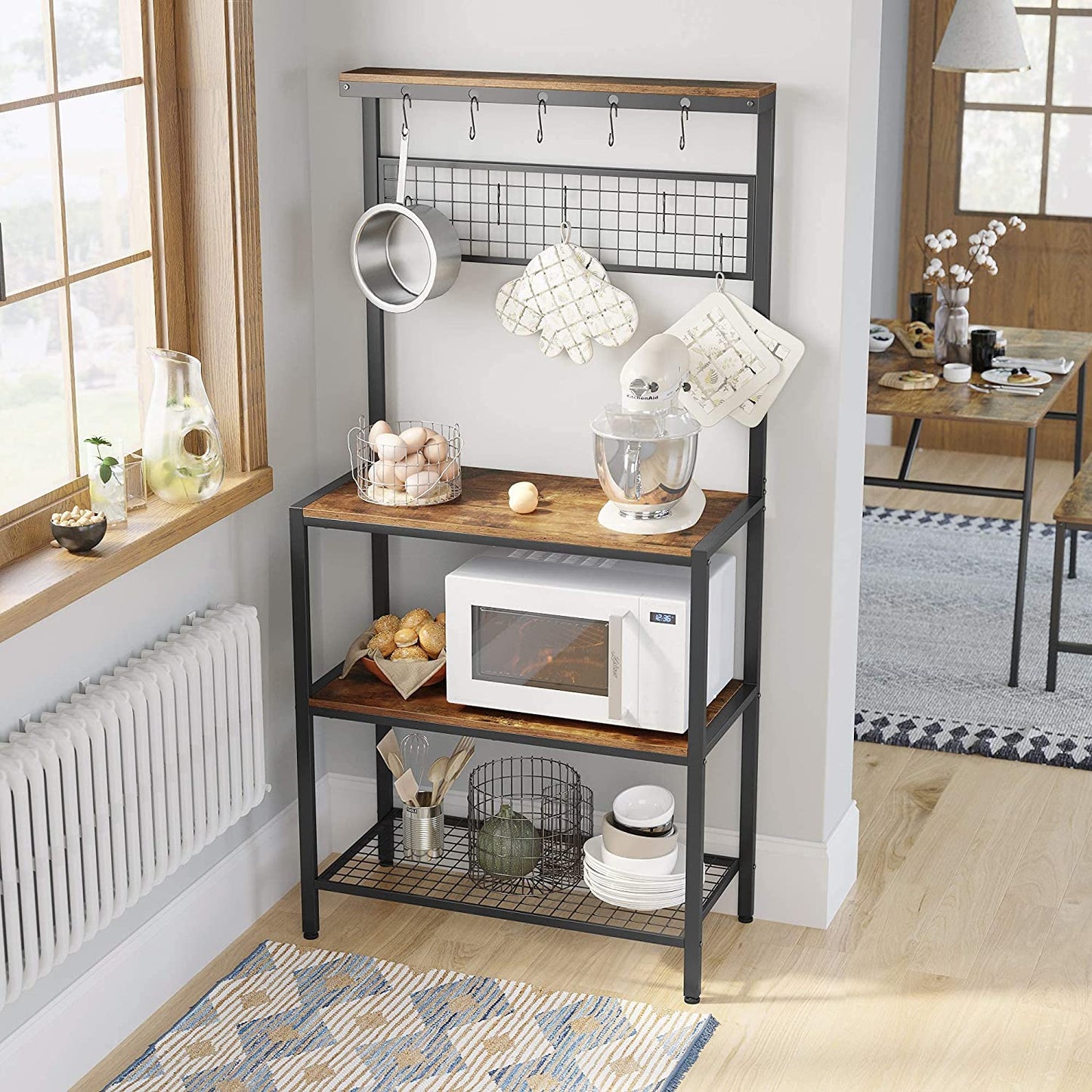 Industrial Kitchen Baker's Rack with Storage Shelves 10 Hooks and Metal Mesh Shelf 84 x 40 x 170 cm Rustic Brown - Cosy Abode