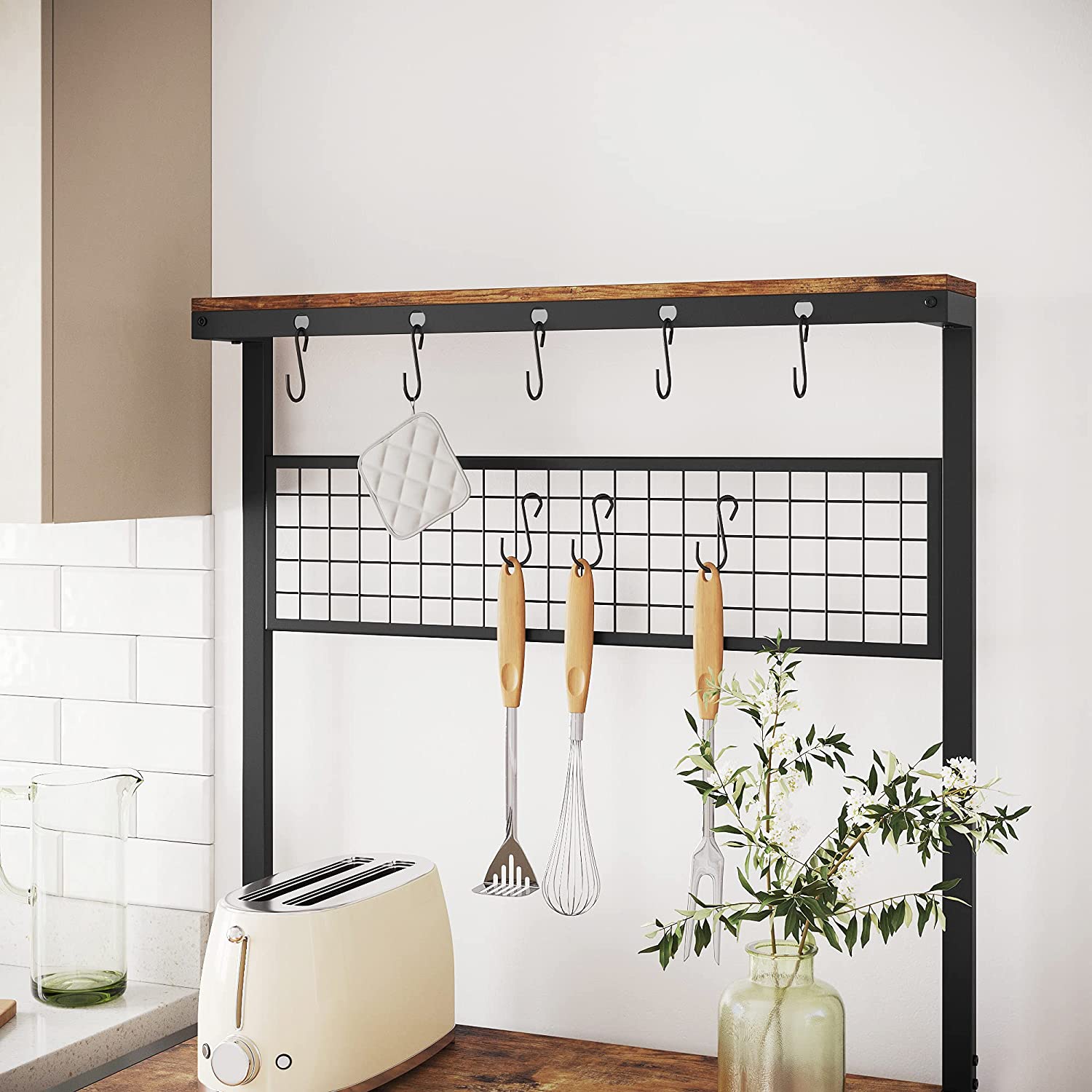 Industrial Kitchen Baker's Rack with Storage Shelves 10 Hooks and Metal Mesh Shelf 84 x 40 x 170 cm Rustic Brown - Cosy Abode