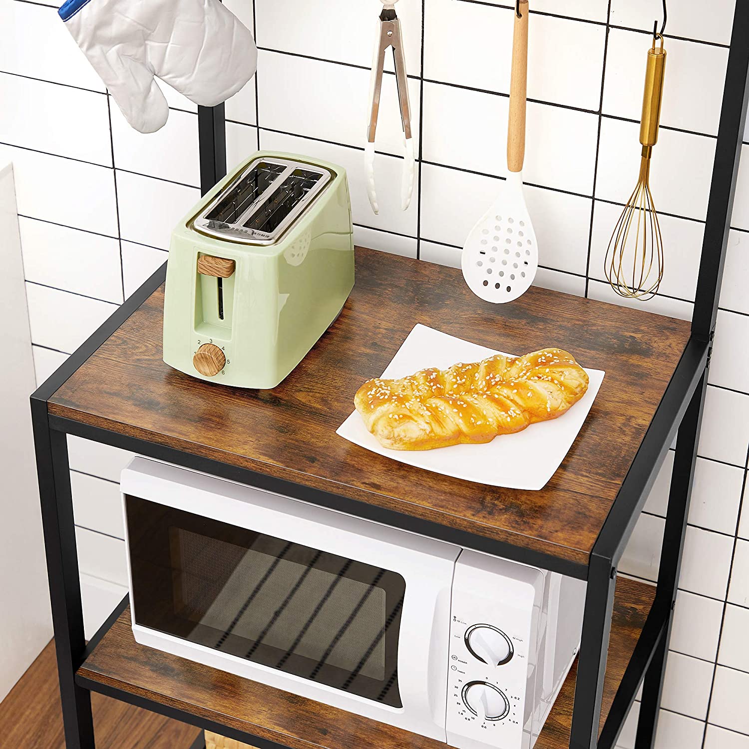 Industrial Kitchen Baker's Rack with Storage Shelves 10 Hooks and Metal Mesh Shelf 84 x 40 x 170 cm Rustic Brown - Cosy Abode