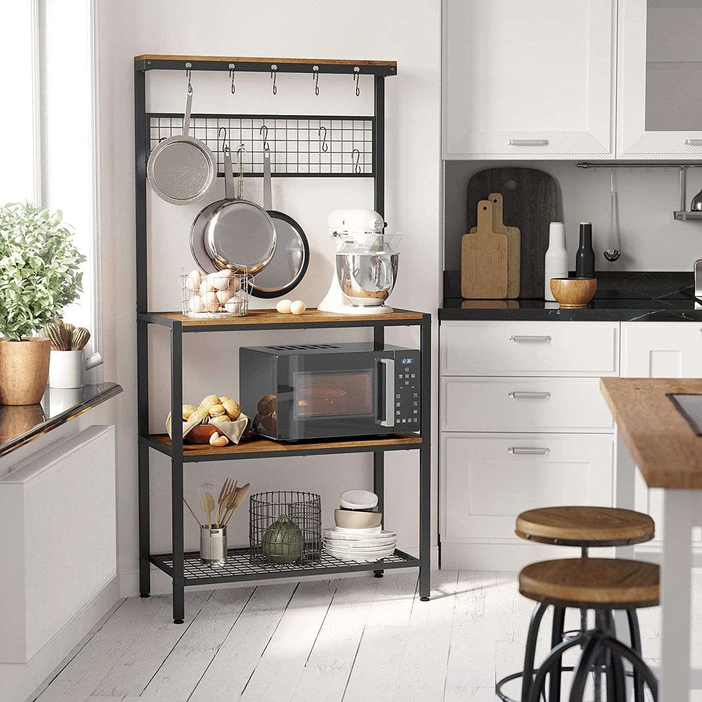 Industrial Kitchen Baker's Rack with Storage Shelves 10 Hooks and Metal Mesh Shelf 84 x 40 x 170 cm Rustic Brown - Cosy Abode