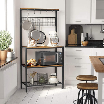 Industrial Kitchen Baker's Rack with Storage Shelves 10 Hooks and Metal Mesh Shelf 84 x 40 x 170 cm Rustic Brown - Cosy Abode