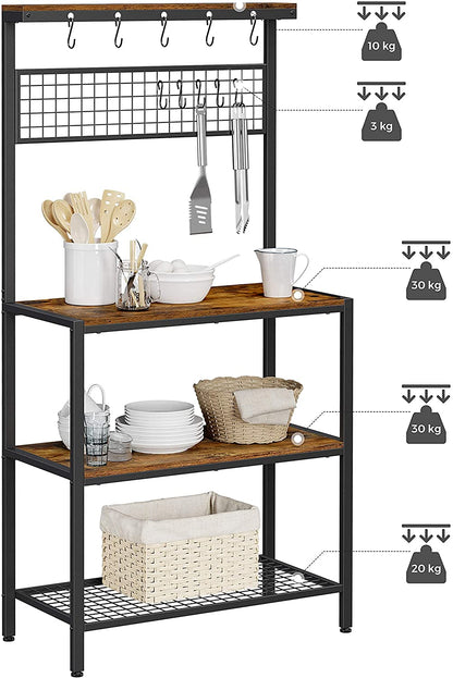 Industrial Kitchen Baker's Rack with Storage Shelves 10 Hooks and Metal Mesh Shelf 84 x 40 x 170 cm Rustic Brown - Cosy Abode