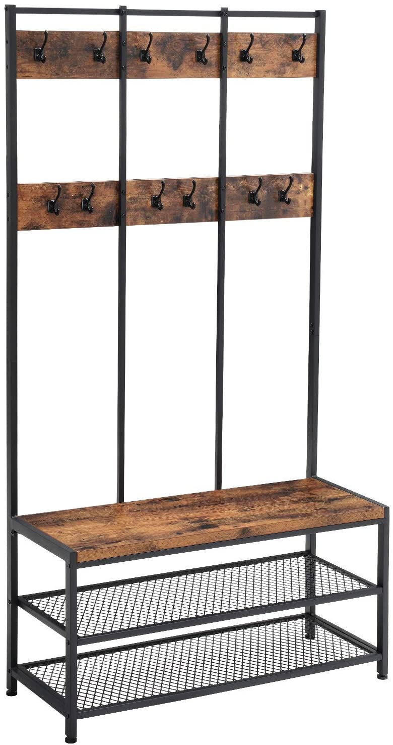 Large Coat Rack Stand with 12 Hooks and Shoe Bench Rustic Brown and Black - Cosy Abode