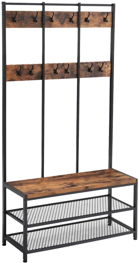 Large Coat Rack Stand with 12 Hooks and Shoe Bench Rustic Brown and Black - Cosy Abode