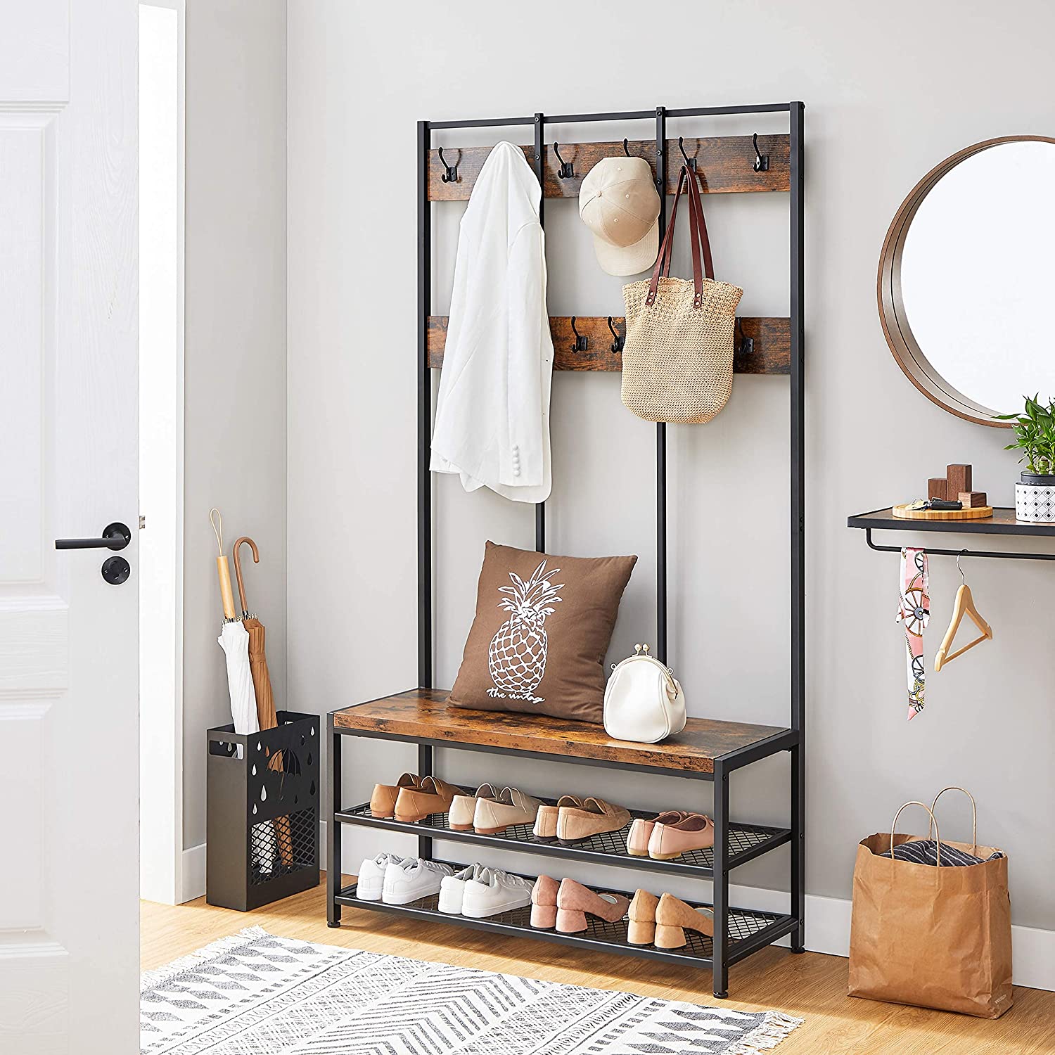 Large Coat Rack Stand with 12 Hooks and Shoe Bench Rustic Brown and Black - Cosy Abode