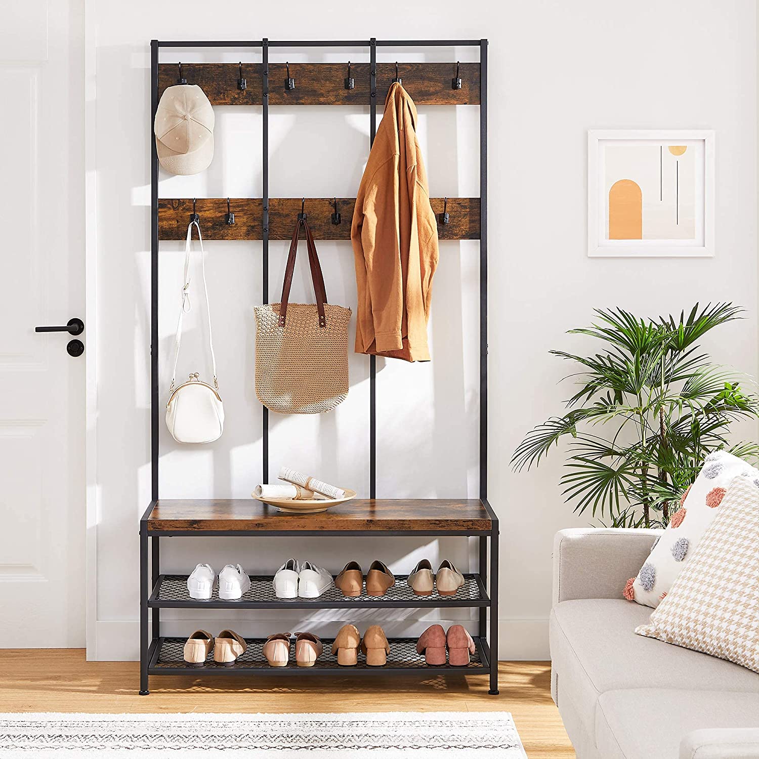 Large Coat Rack Stand with 12 Hooks and Shoe Bench Rustic Brown and Black - Cosy Abode