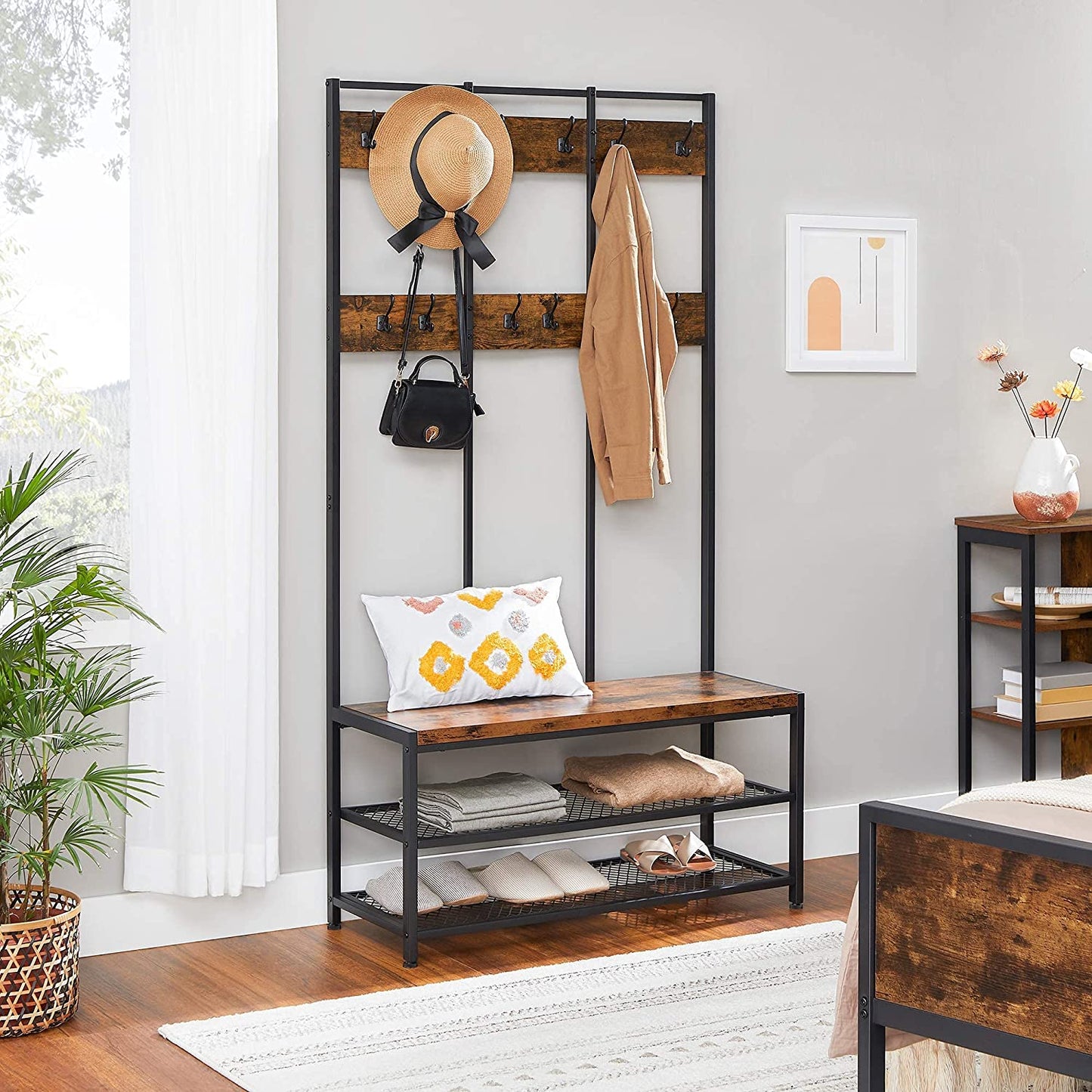 Large Coat Rack Stand with 12 Hooks and Shoe Bench Rustic Brown and Black - Cosy Abode