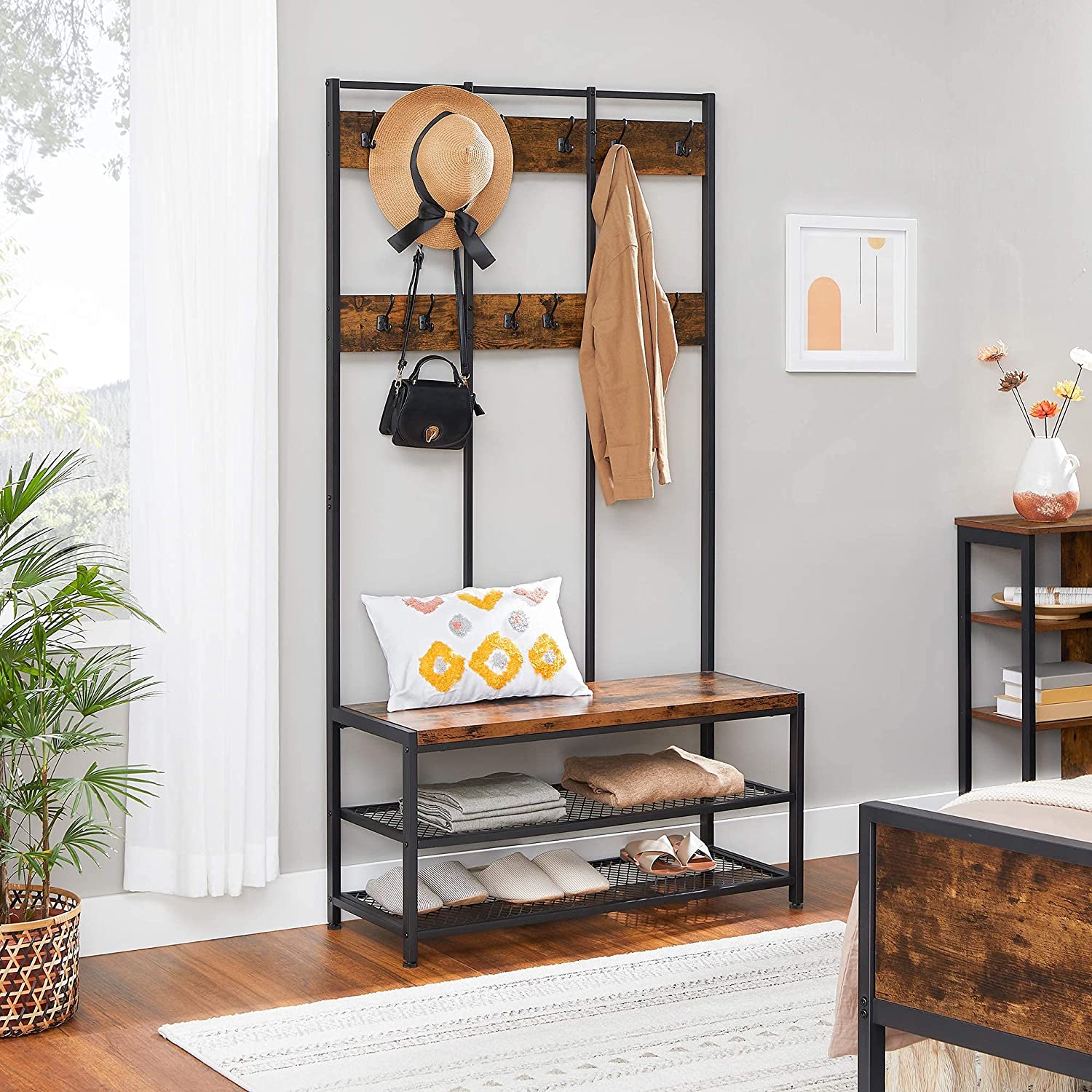 Large Coat Rack Stand with 12 Hooks and Shoe Bench Rustic Brown and Black - Cosy Abode