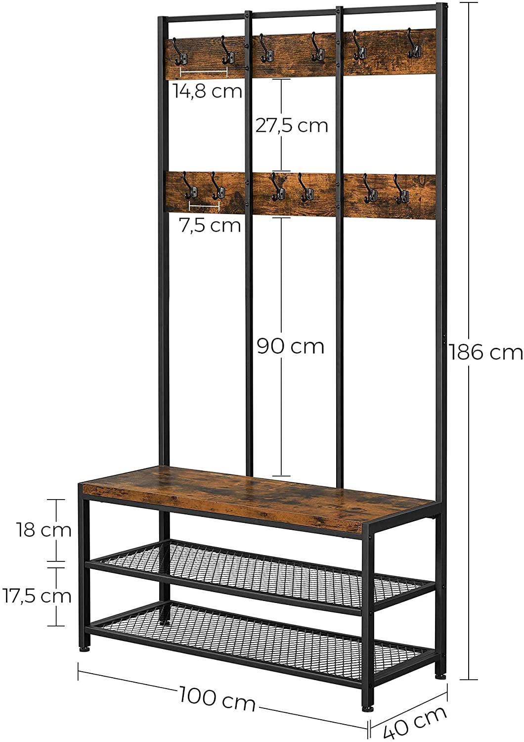 Large Coat Rack Stand with 12 Hooks and Shoe Bench Rustic Brown and Black - Cosy Abode