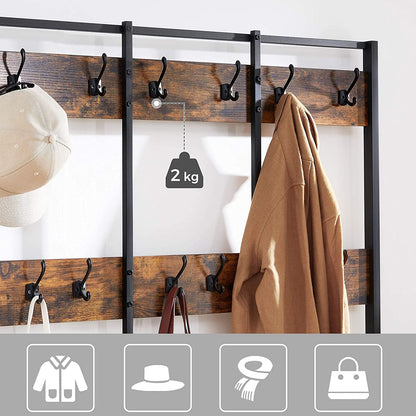 Large Coat Rack Stand with 12 Hooks and Shoe Bench Rustic Brown and Black - Cosy Abode