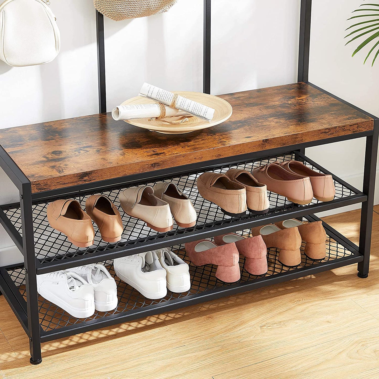 Large Coat Rack Stand with 12 Hooks and Shoe Bench Rustic Brown and Black - Cosy Abode