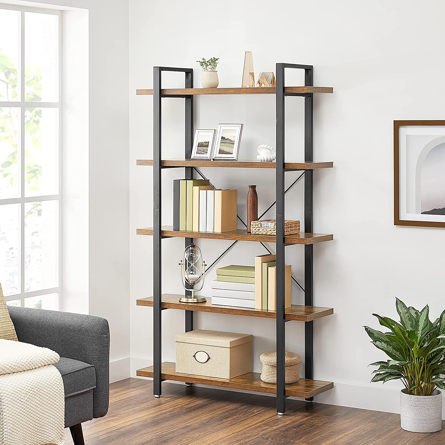 Bookshelf 5-Tier Industrial Stable Bookcase Rustic Brown and Black - Cosy Abode