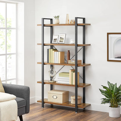 Bookshelf 5-Tier Industrial Stable Bookcase Rustic Brown and Black - Cosy Abode