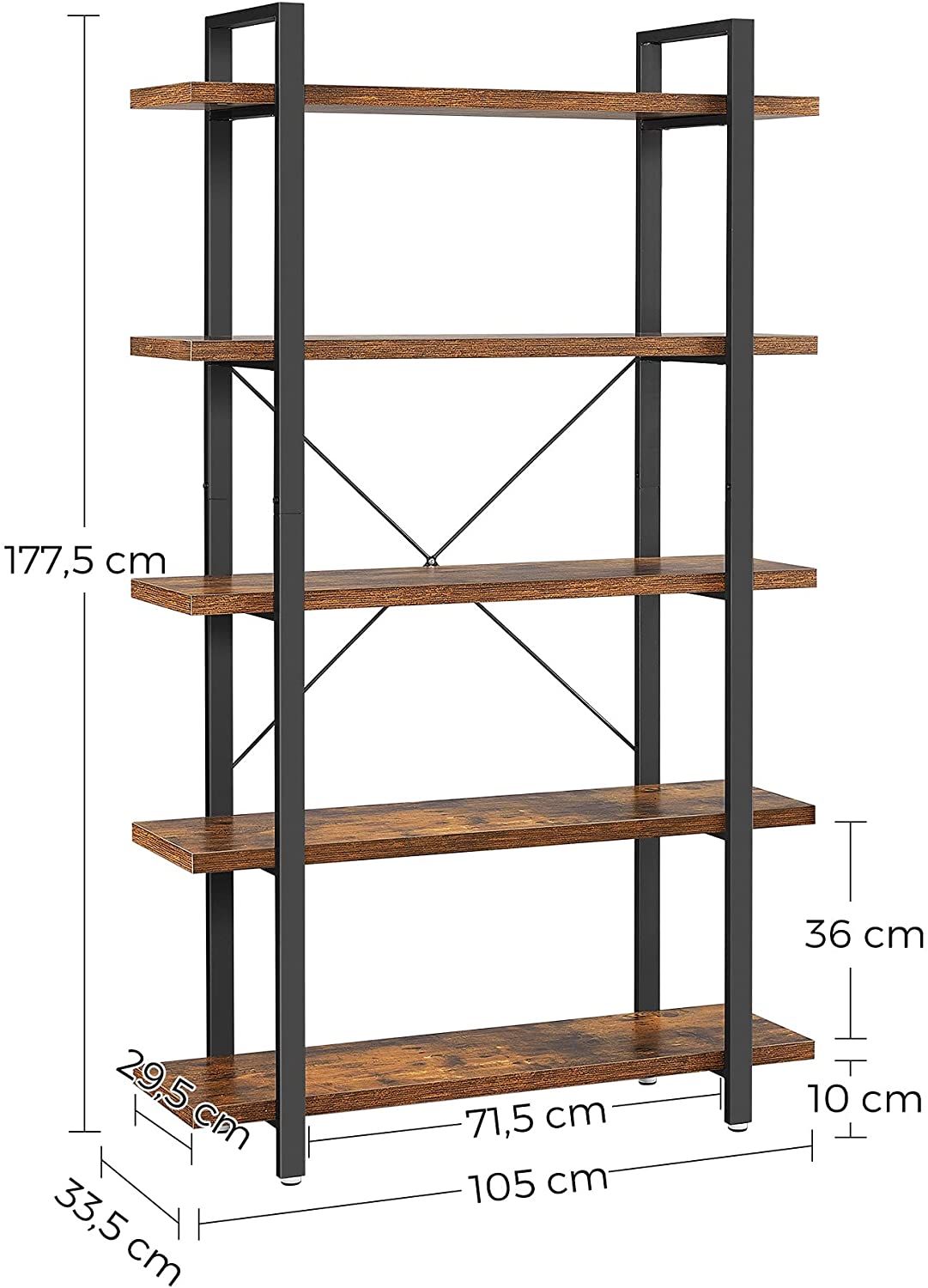 Bookshelf 5-Tier Industrial Stable Bookcase Rustic Brown and Black - Cosy Abode
