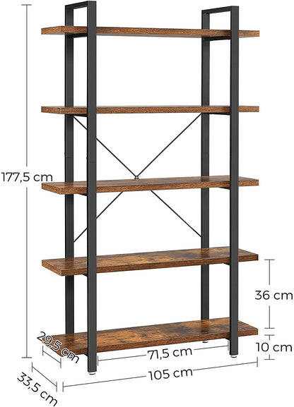 Bookshelf 5-Tier Industrial Stable Bookcase Rustic Brown and Black - Cosy Abode
