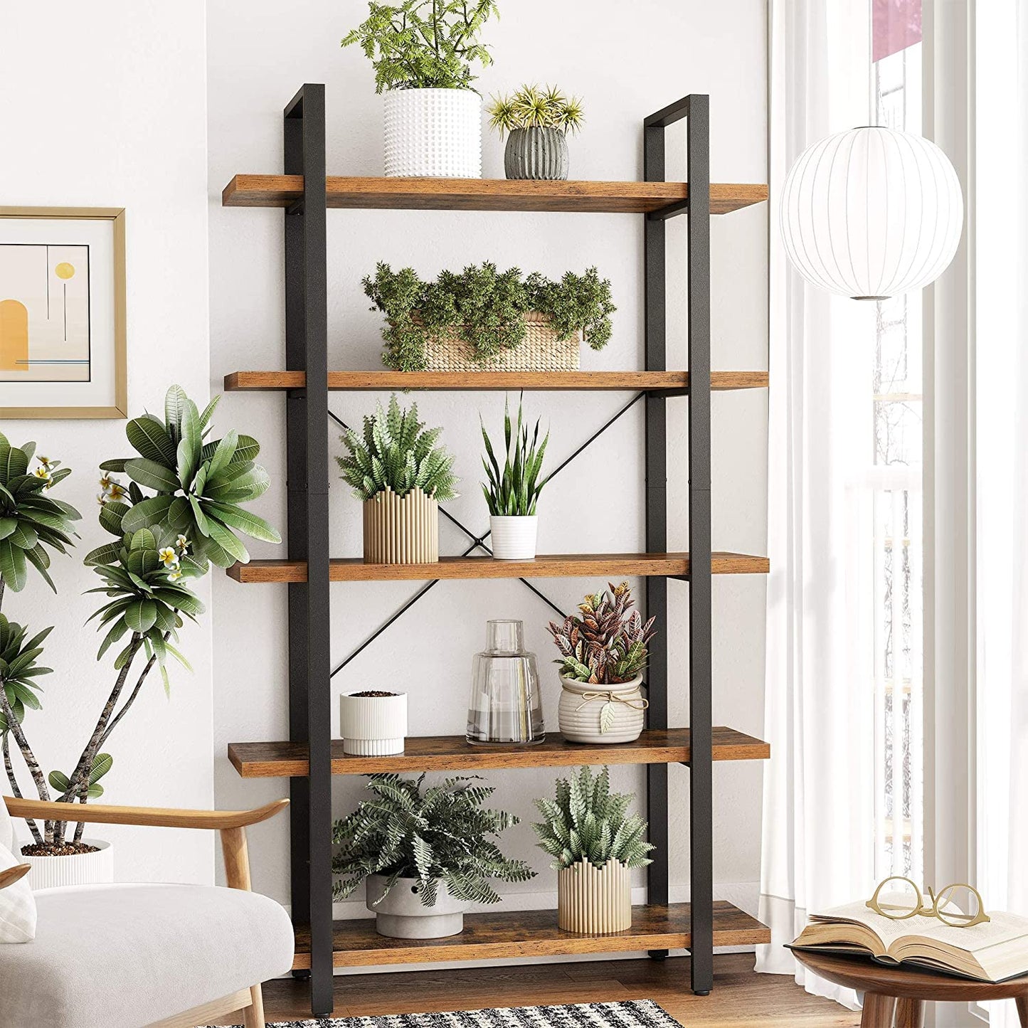 Bookshelf 5-Tier Industrial Stable Bookcase Rustic Brown and Black - Cosy Abode