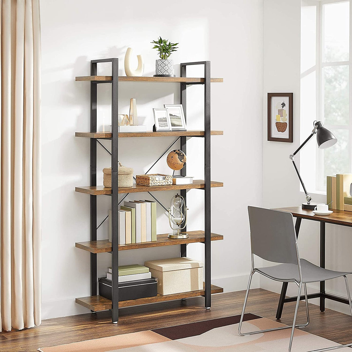 Bookshelf 5-Tier Industrial Stable Bookcase Rustic Brown and Black - Cosy Abode