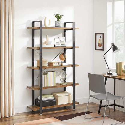 Bookshelf 5-Tier Industrial Stable Bookcase Rustic Brown and Black - Cosy Abode