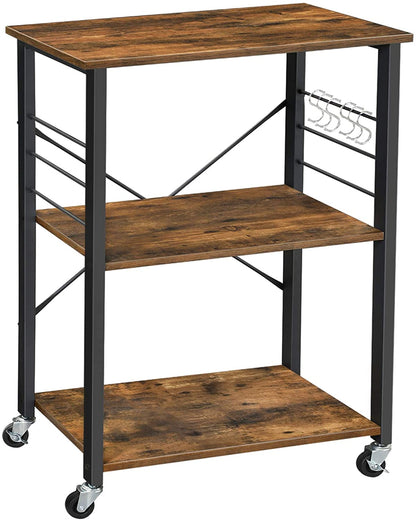Kitchen Baker's Rack,  3-Tier Serving Cart with Metal Frame and 6 Hooks, Rustic Brown - Cosy Abode