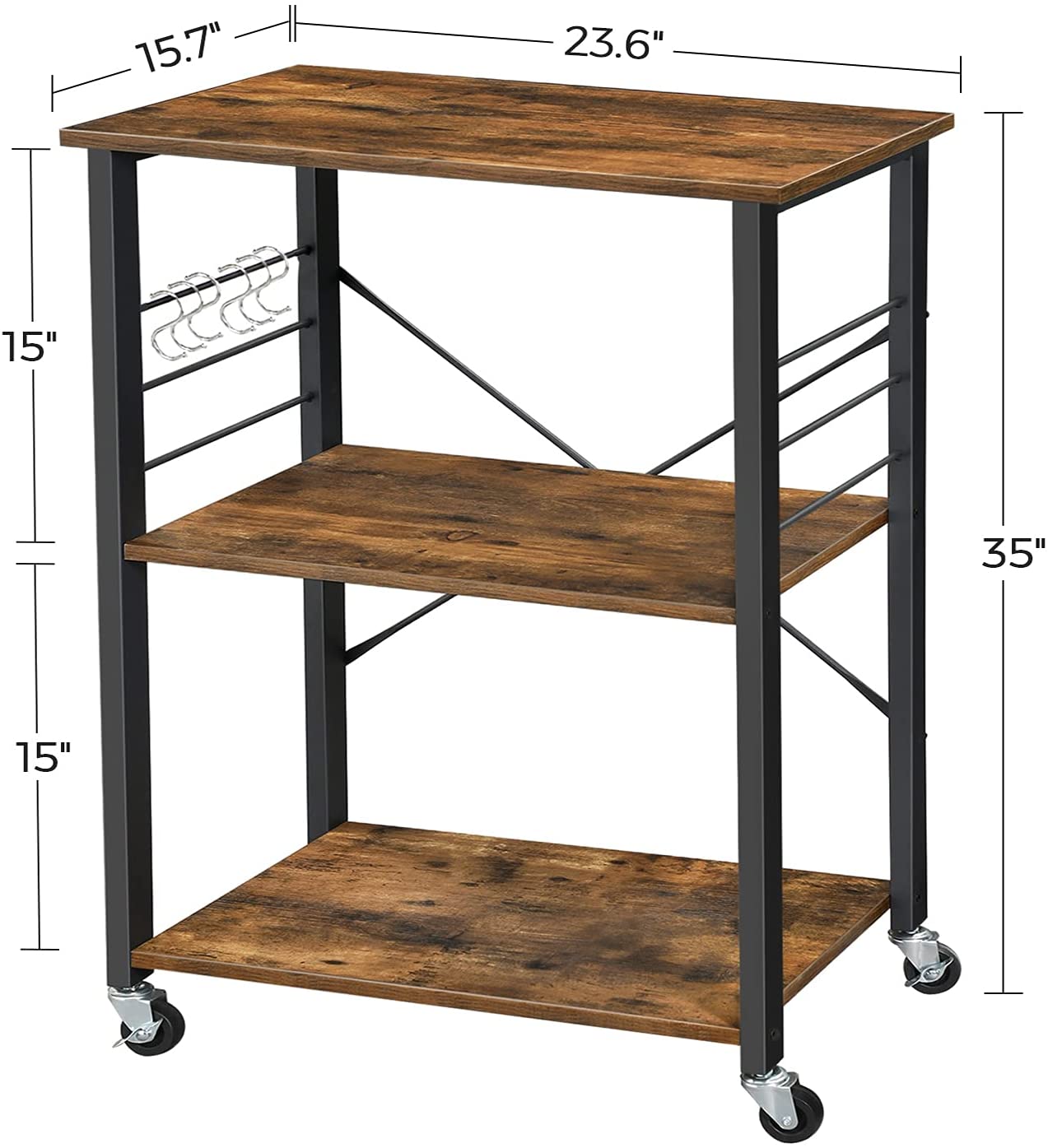Kitchen Baker's Rack,  3-Tier Serving Cart with Metal Frame and 6 Hooks, Rustic Brown - Cosy Abode