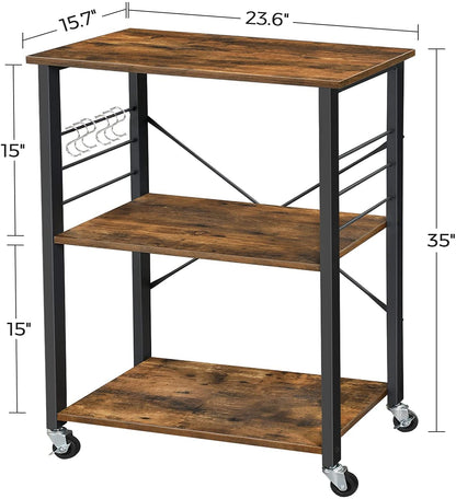 Kitchen Baker's Rack,  3-Tier Serving Cart with Metal Frame and 6 Hooks, Rustic Brown - Cosy Abode