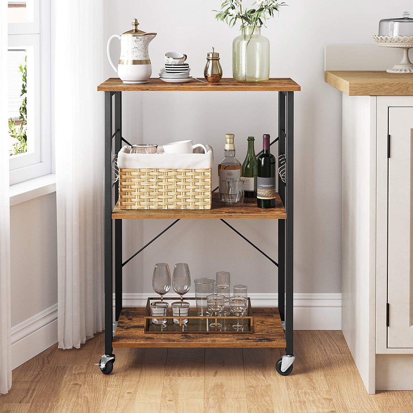 Kitchen Baker's Rack,  3-Tier Serving Cart with Metal Frame and 6 Hooks, Rustic Brown - Cosy Abode