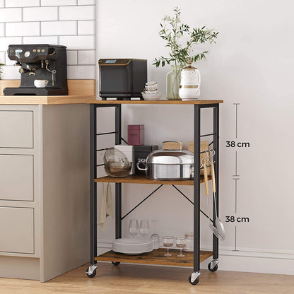 Kitchen Baker's Rack,  3-Tier Serving Cart with Metal Frame and 6 Hooks, Rustic Brown - Cosy Abode