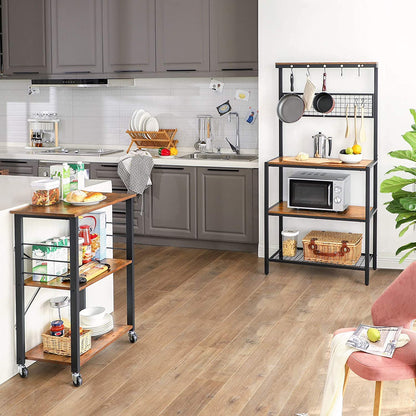 Kitchen Baker's Rack,  3-Tier Serving Cart with Metal Frame and 6 Hooks, Rustic Brown - Cosy Abode