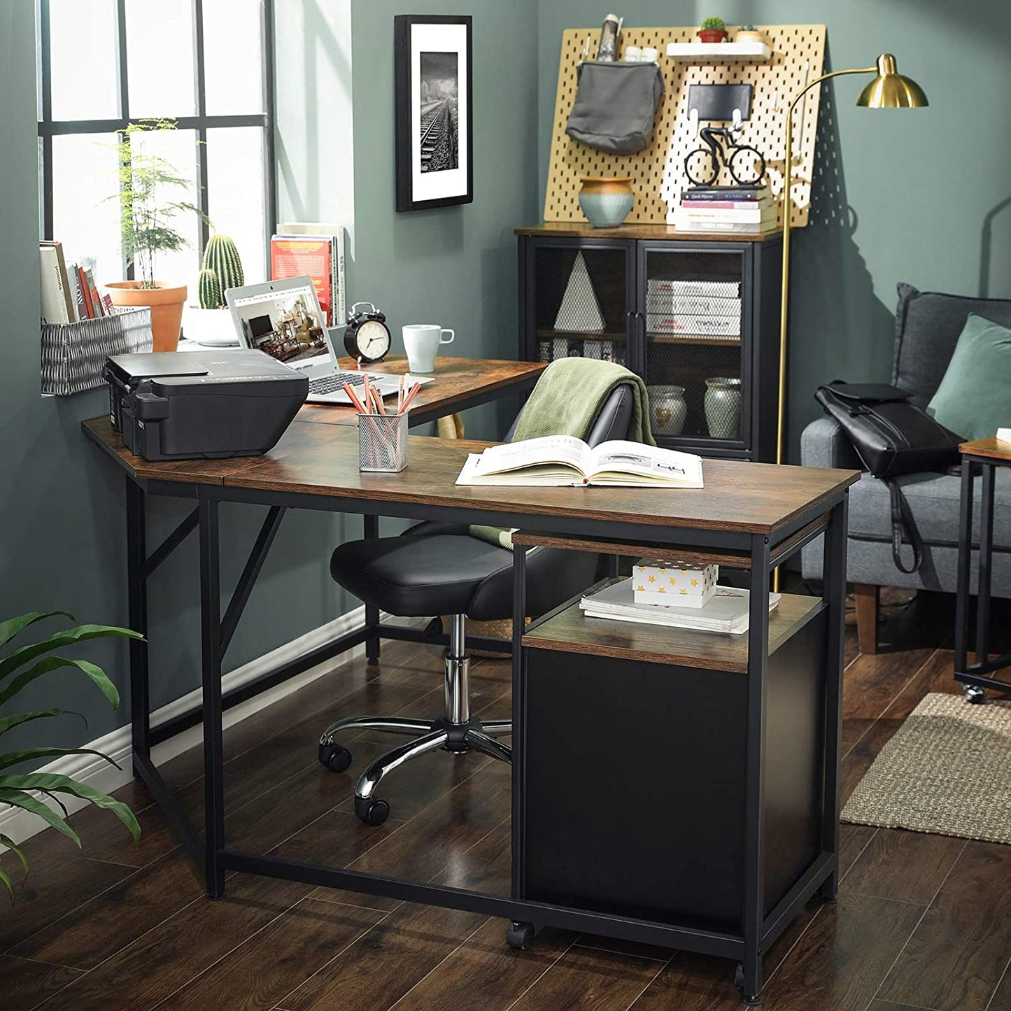 L-Shaped Computer Desk, Rustic Brown and Black - Cosy Abode