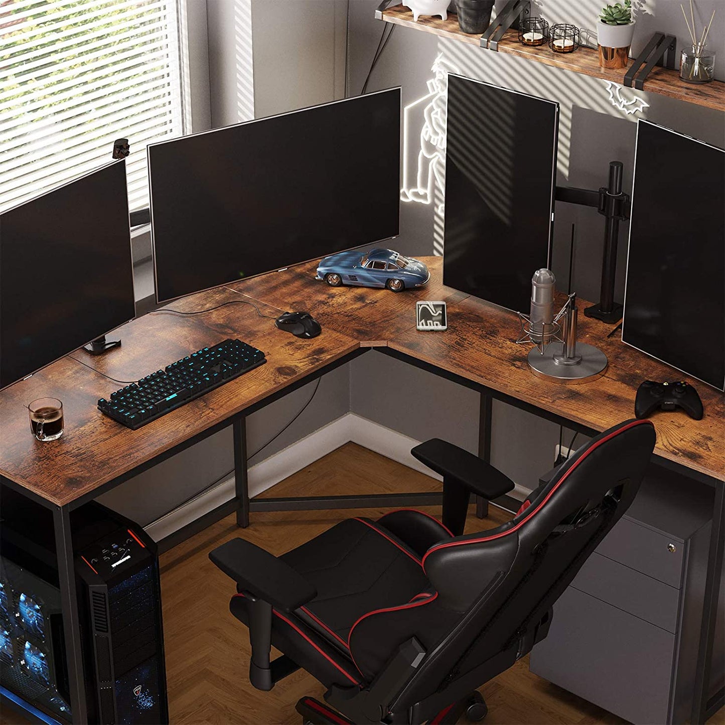 L-Shaped Computer Desk, Rustic Brown and Black - Cosy Abode