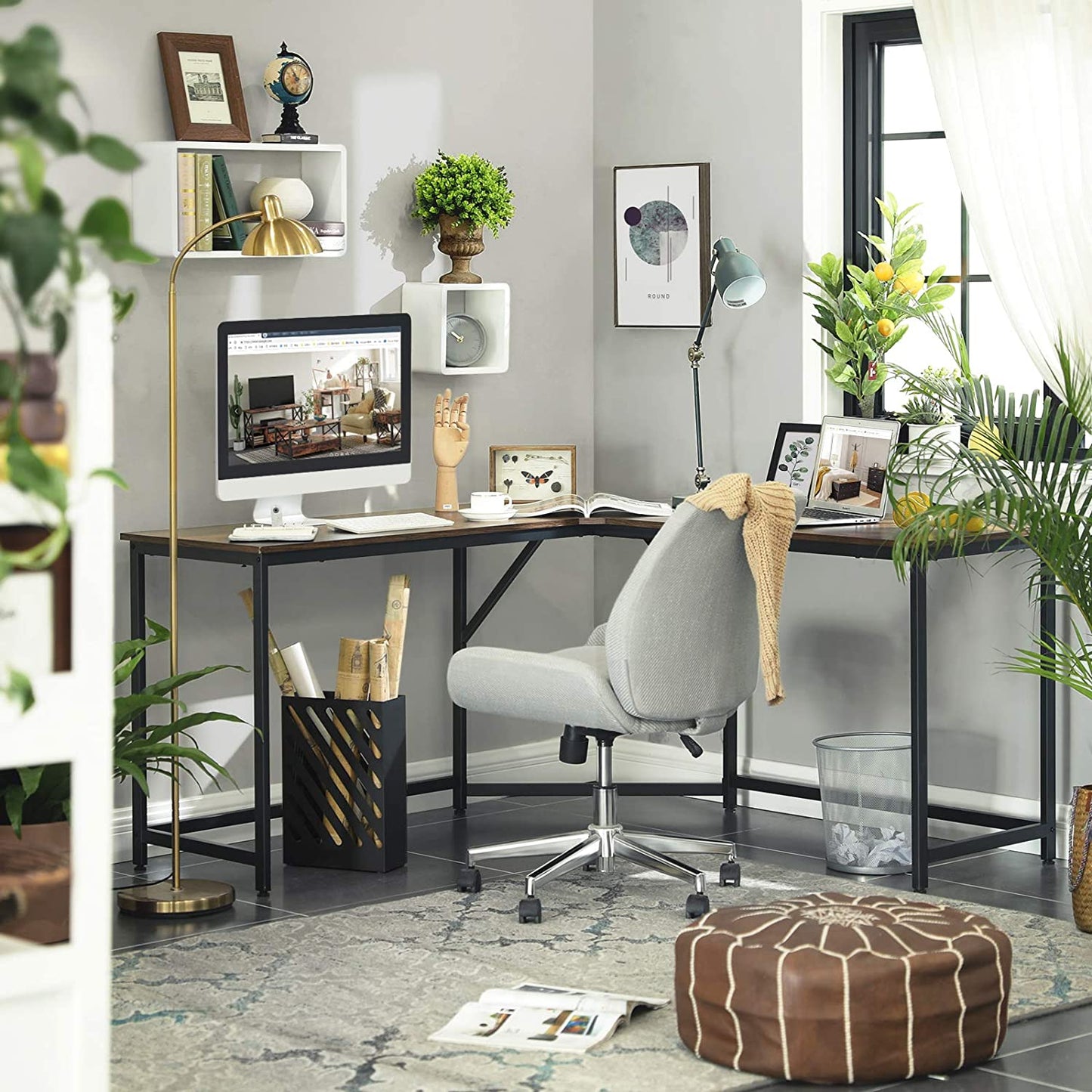 L-Shaped Computer Desk, Rustic Brown and Black - Cosy Abode