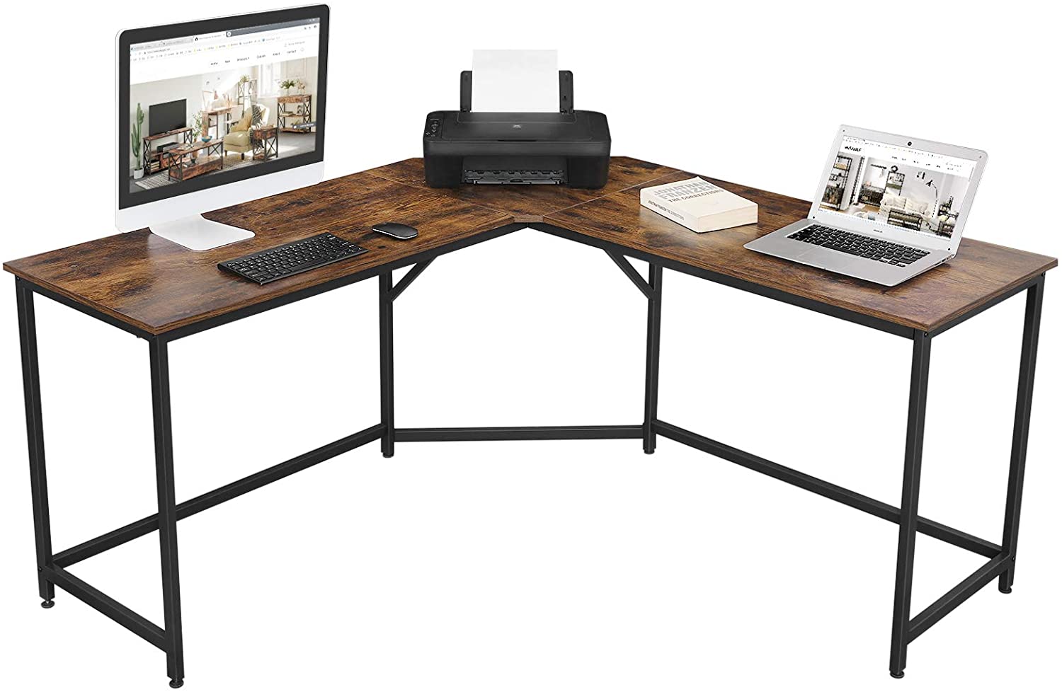 L-Shaped Computer Desk, Rustic Brown and Black - Cosy Abode