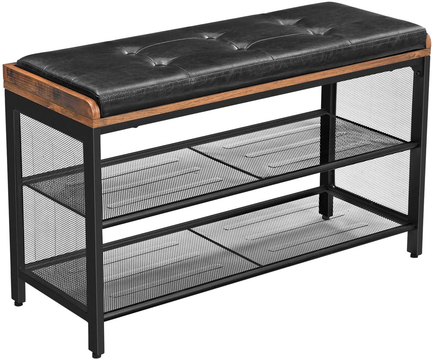 Shoe Bench with Mesh Shelf and Faux Leather Vintage Brown Black 80 x 30 x 48 cm - Cosy Abode