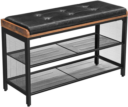 Shoe Bench with Mesh Shelf and Faux Leather Vintage Brown Black 80 x 30 x 48 cm - Cosy Abode