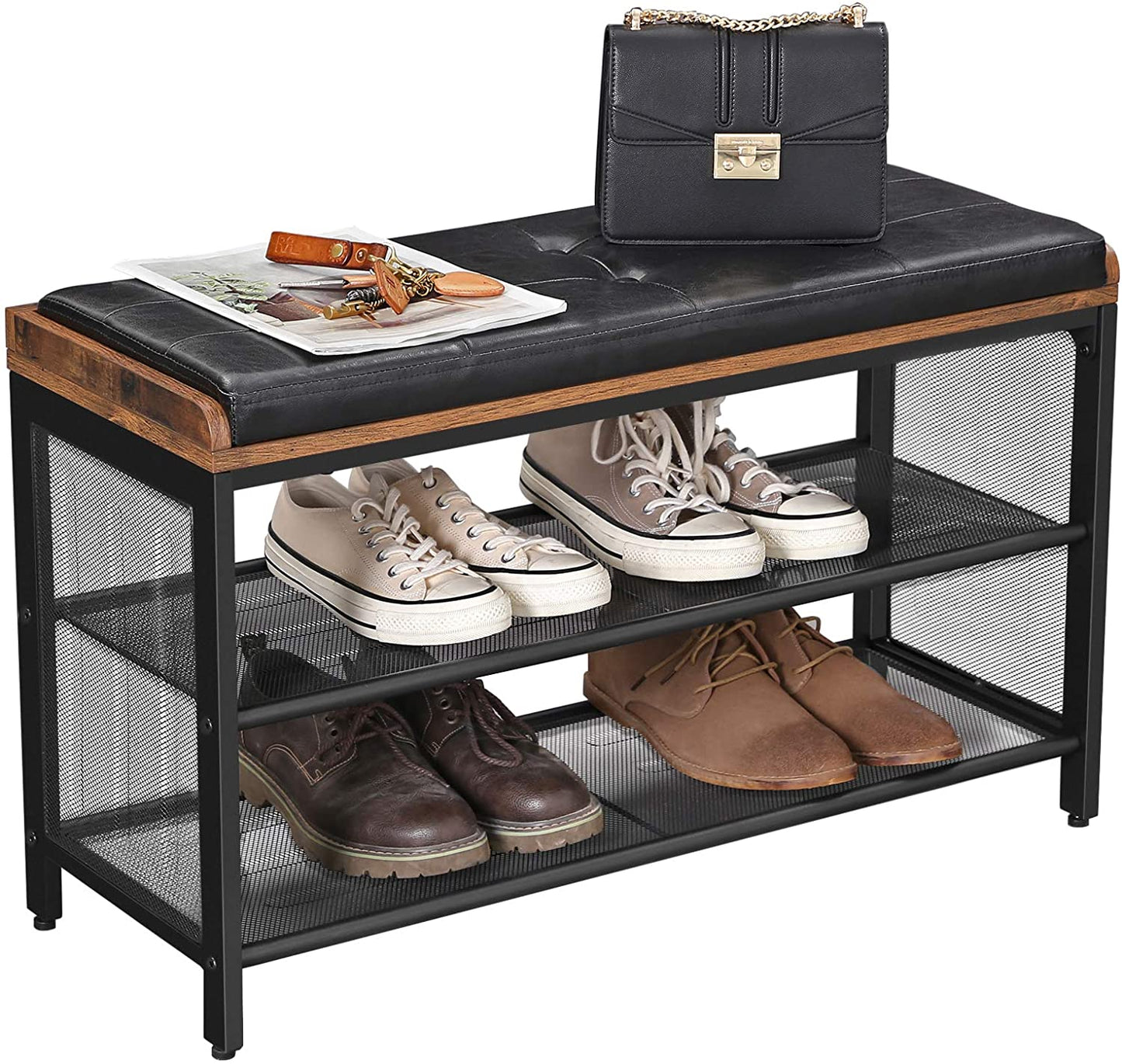 Shoe Bench with Mesh Shelf and Faux Leather Vintage Brown Black 80 x 30 x 48 cm - Cosy Abode