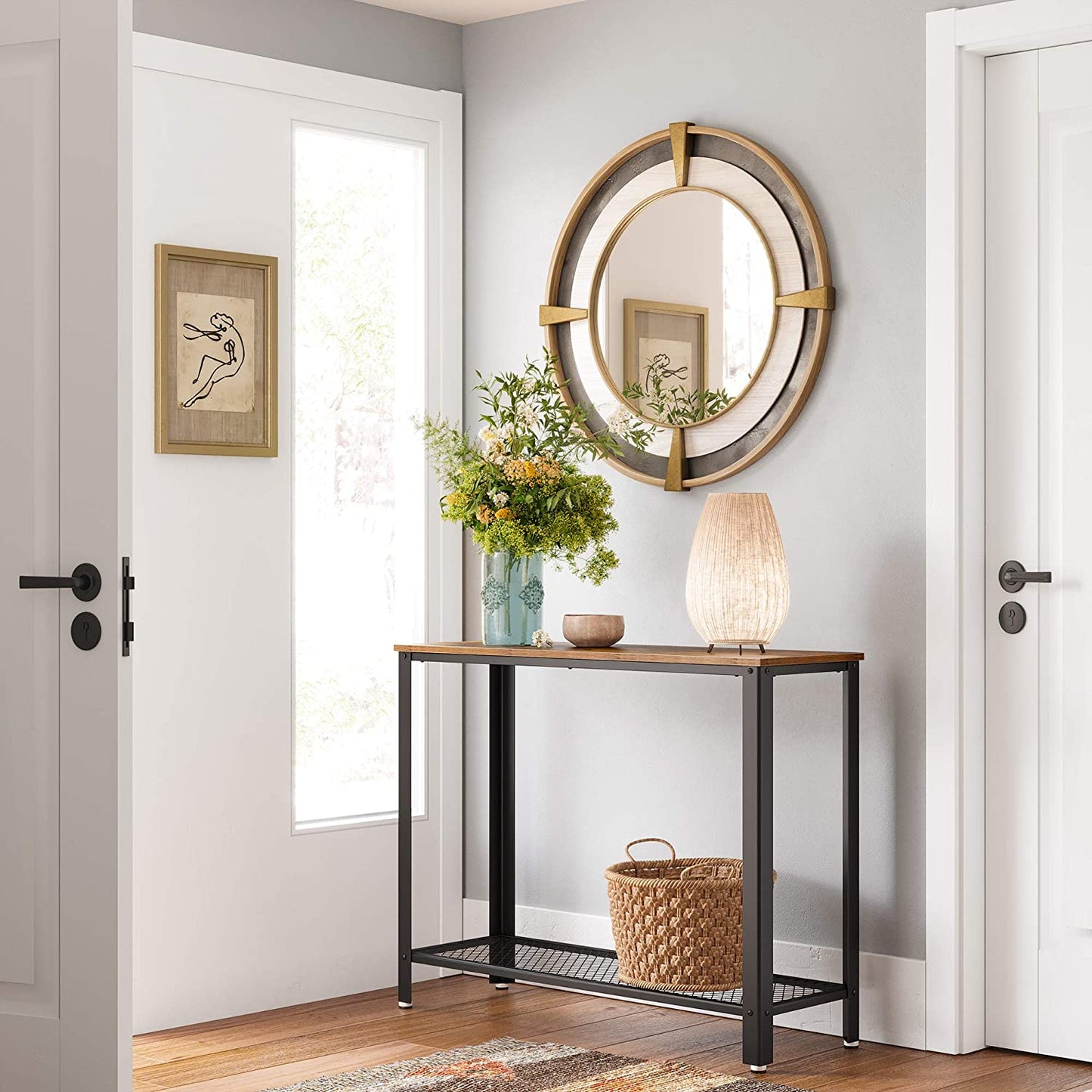 Console Table Metal Frame Rustic Brown - Cosy Abode