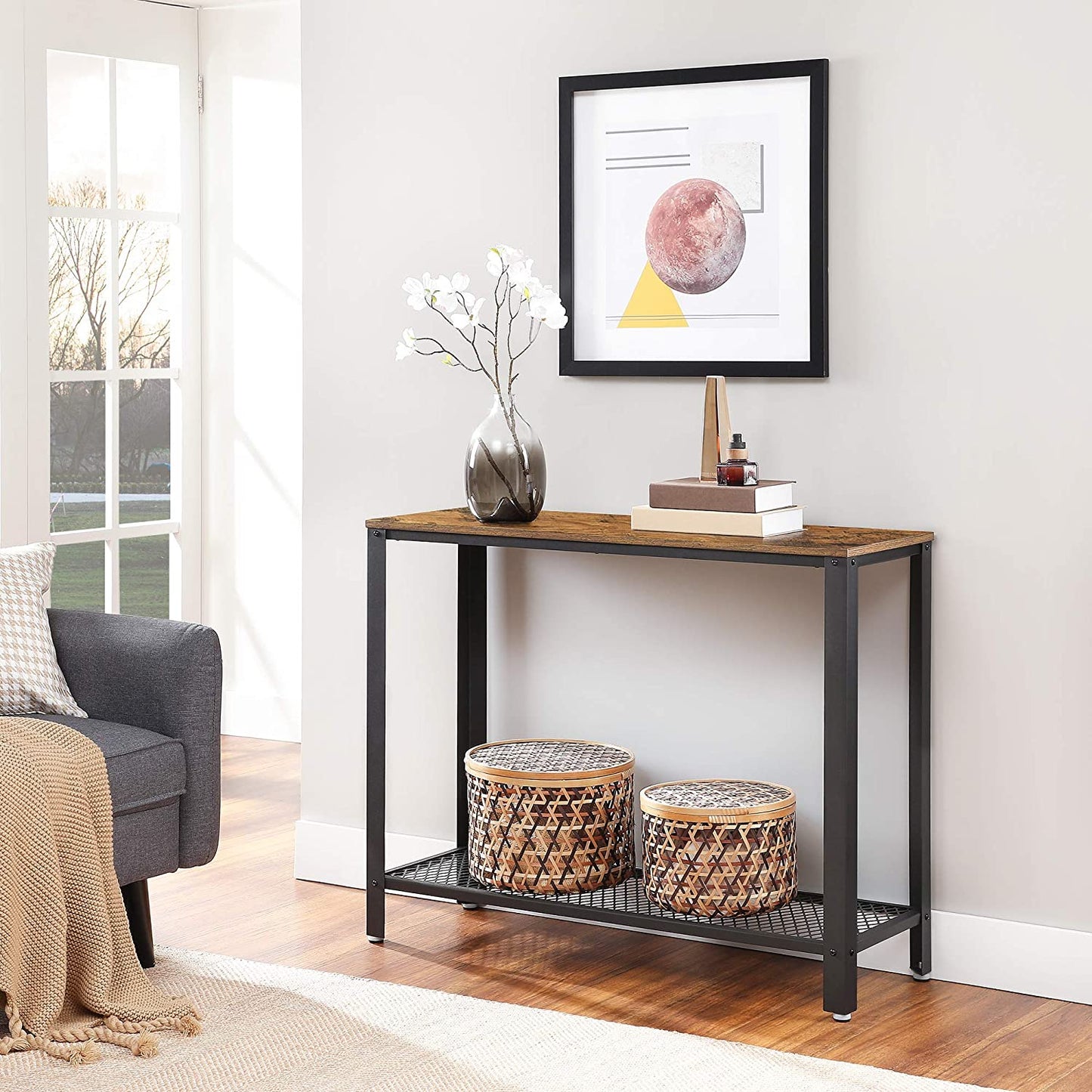 Console Table Metal Frame Rustic Brown - Cosy Abode