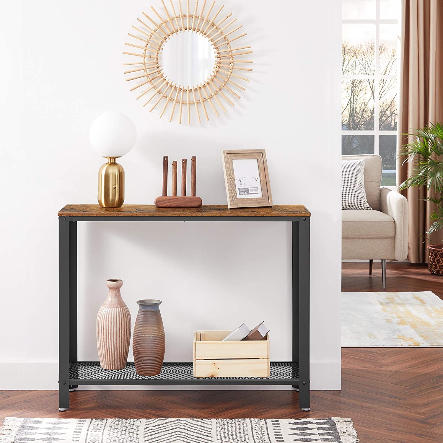 Console Table Metal Frame Rustic Brown - Cosy Abode