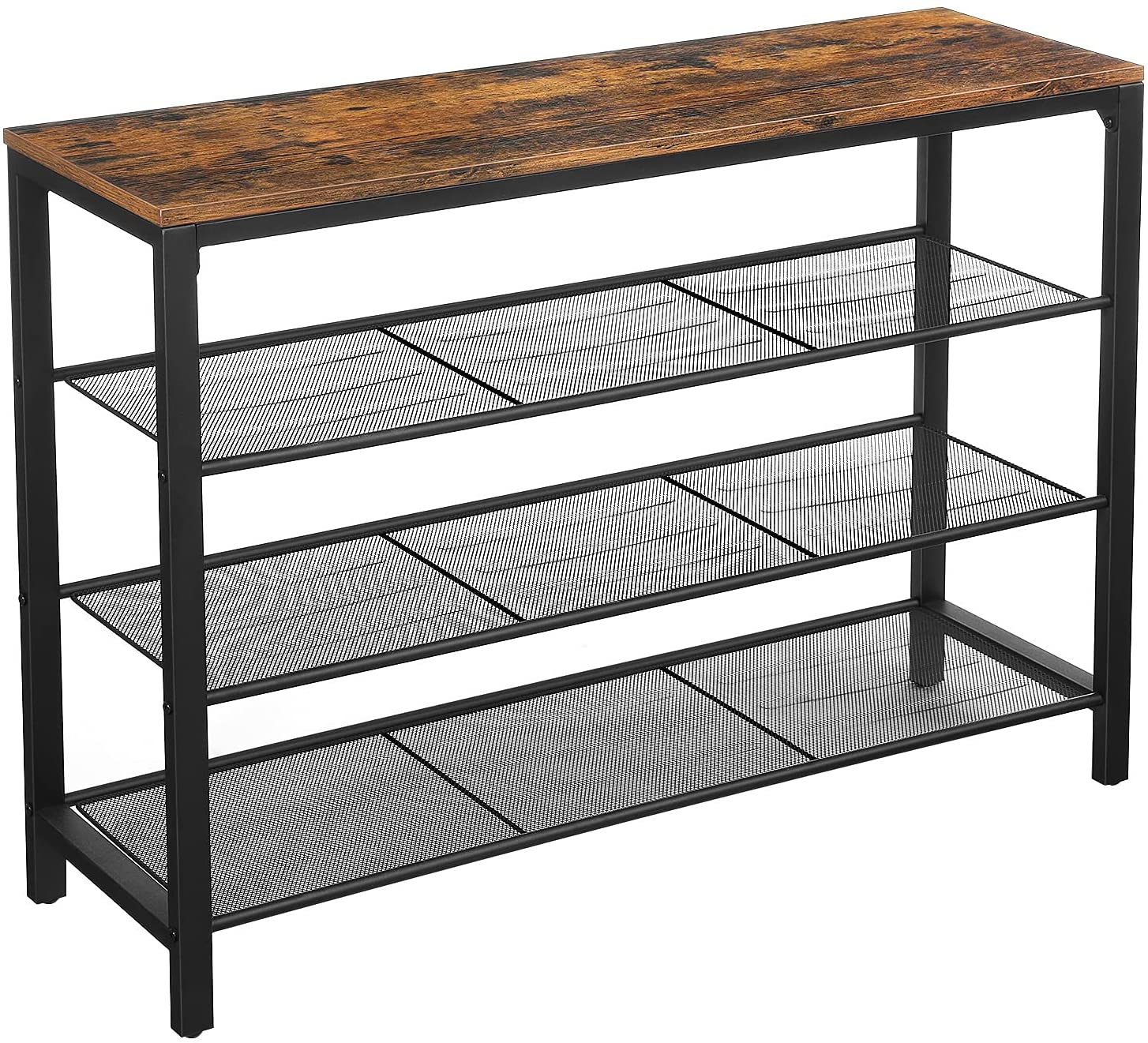 Shoe Rack with 3 Mesh Shelves Rustic Brown and Black - Cosy Abode