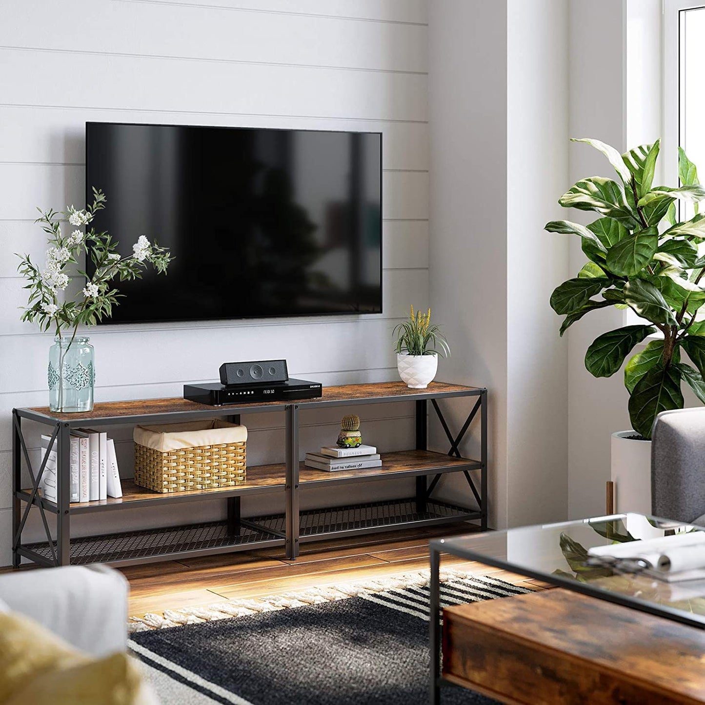 TV Stand for TV Steel Frame up to 178 cm with Shelves for Living Room and Bedroom Furniture Rustic Brown and Black - Cosy Abode