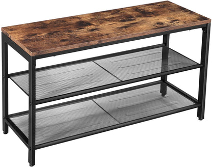 Shoe Rack with 2 Mesh Shelves, Rustic Brown and Black - Cosy Abode