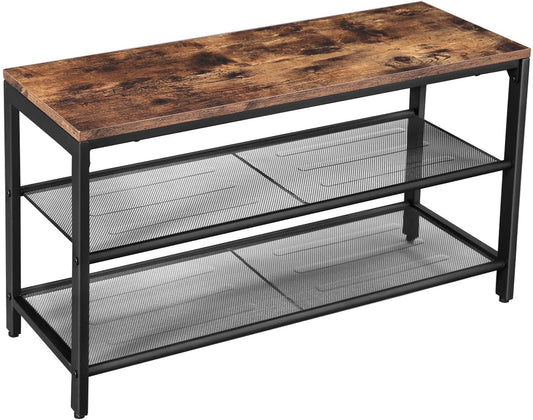 Shoe Rack with 2 Mesh Shelves, Rustic Brown and Black - Cosy Abode