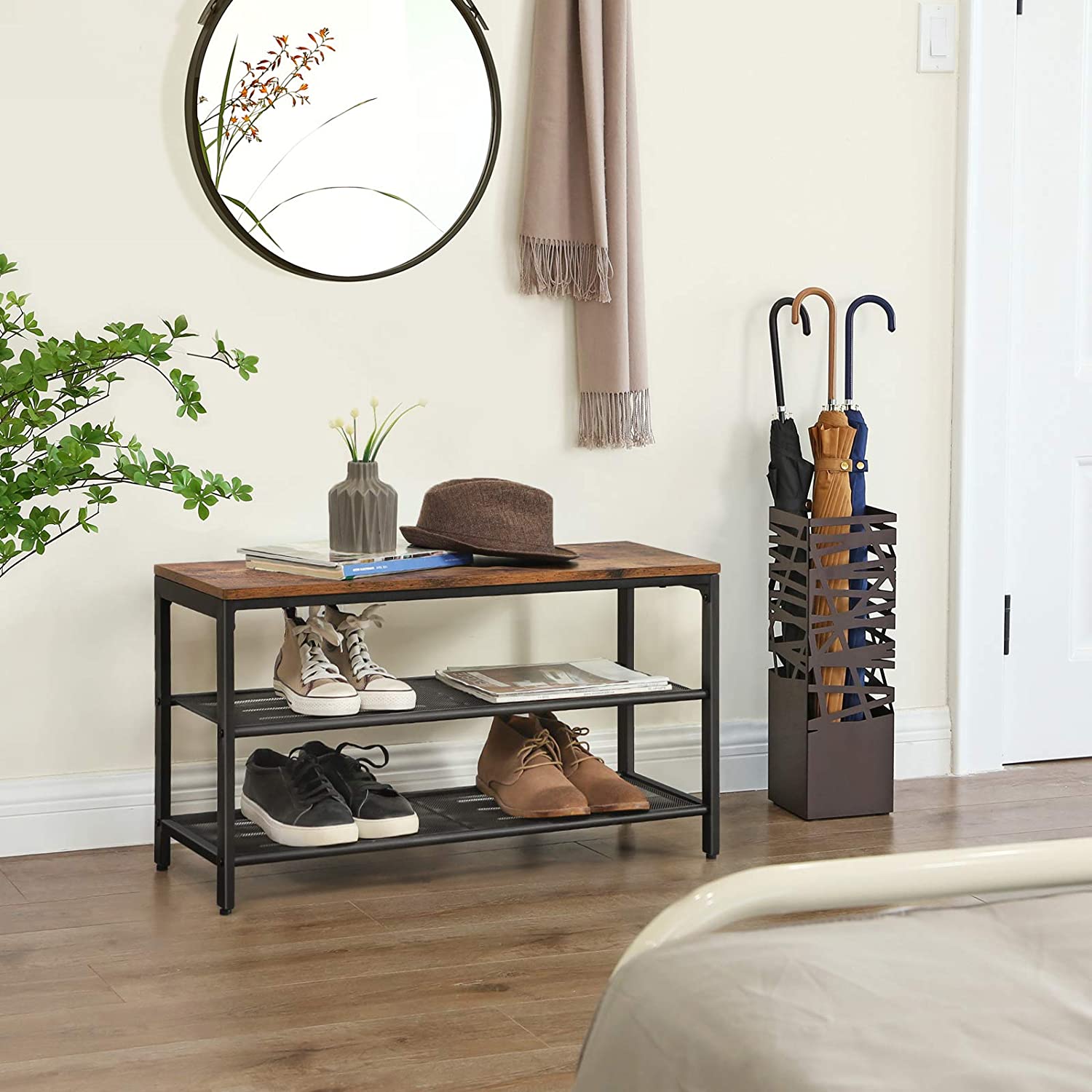 Shoe Rack with 2 Mesh Shelves, Rustic Brown and Black - Cosy Abode