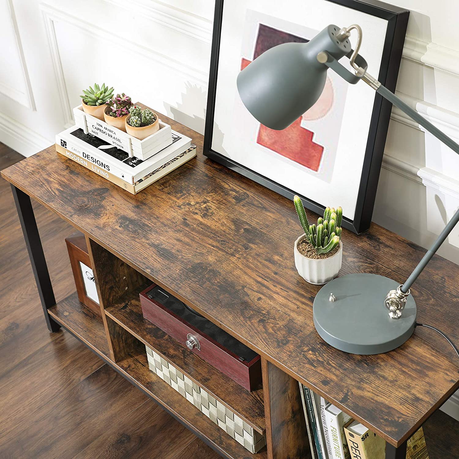 TV Console Unit with Open Storage Rustic Brown and Black Industrial - Cosy Abode