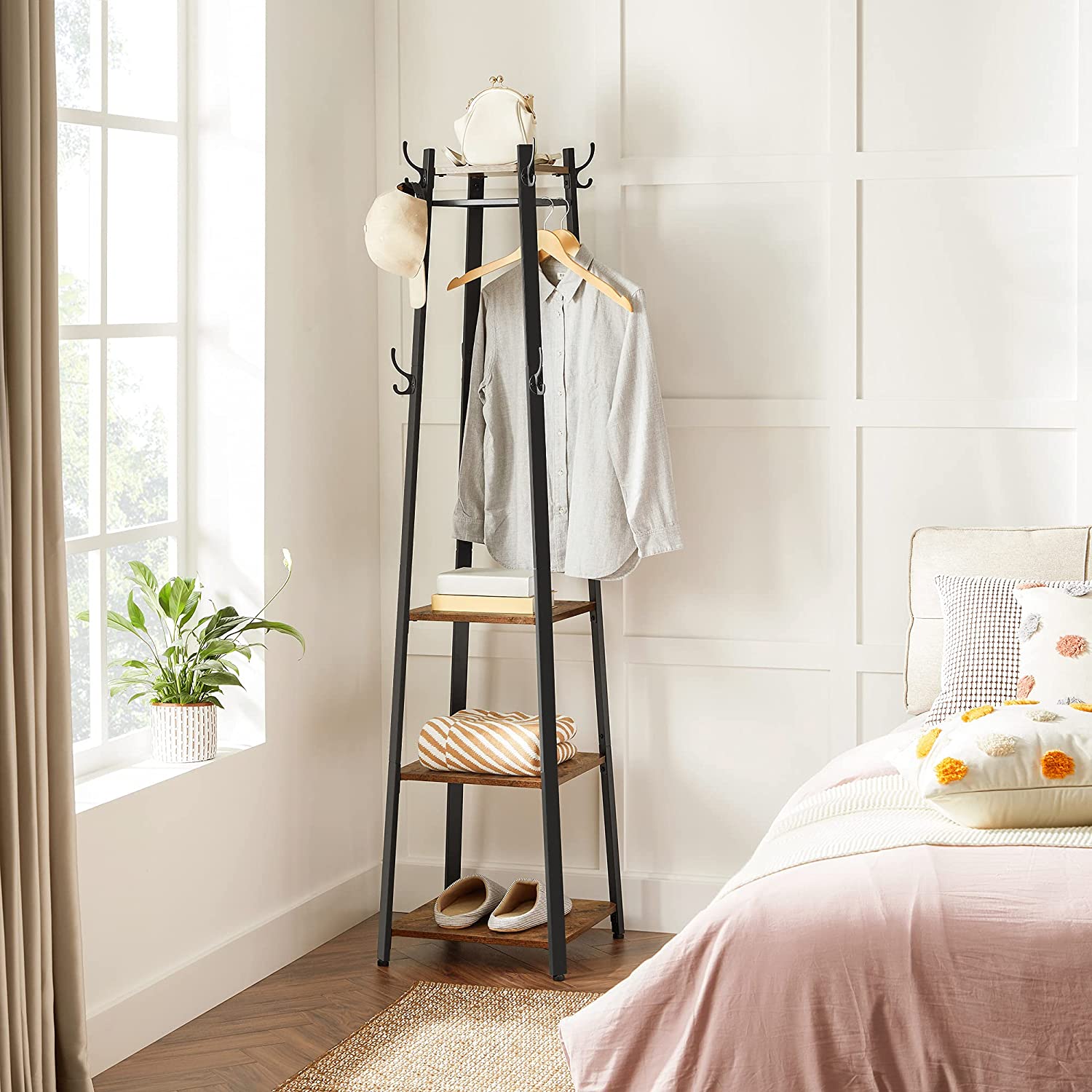 Coat Rack with 3 Shelves with Hooks Rustic Brown and Black - Cosy Abode